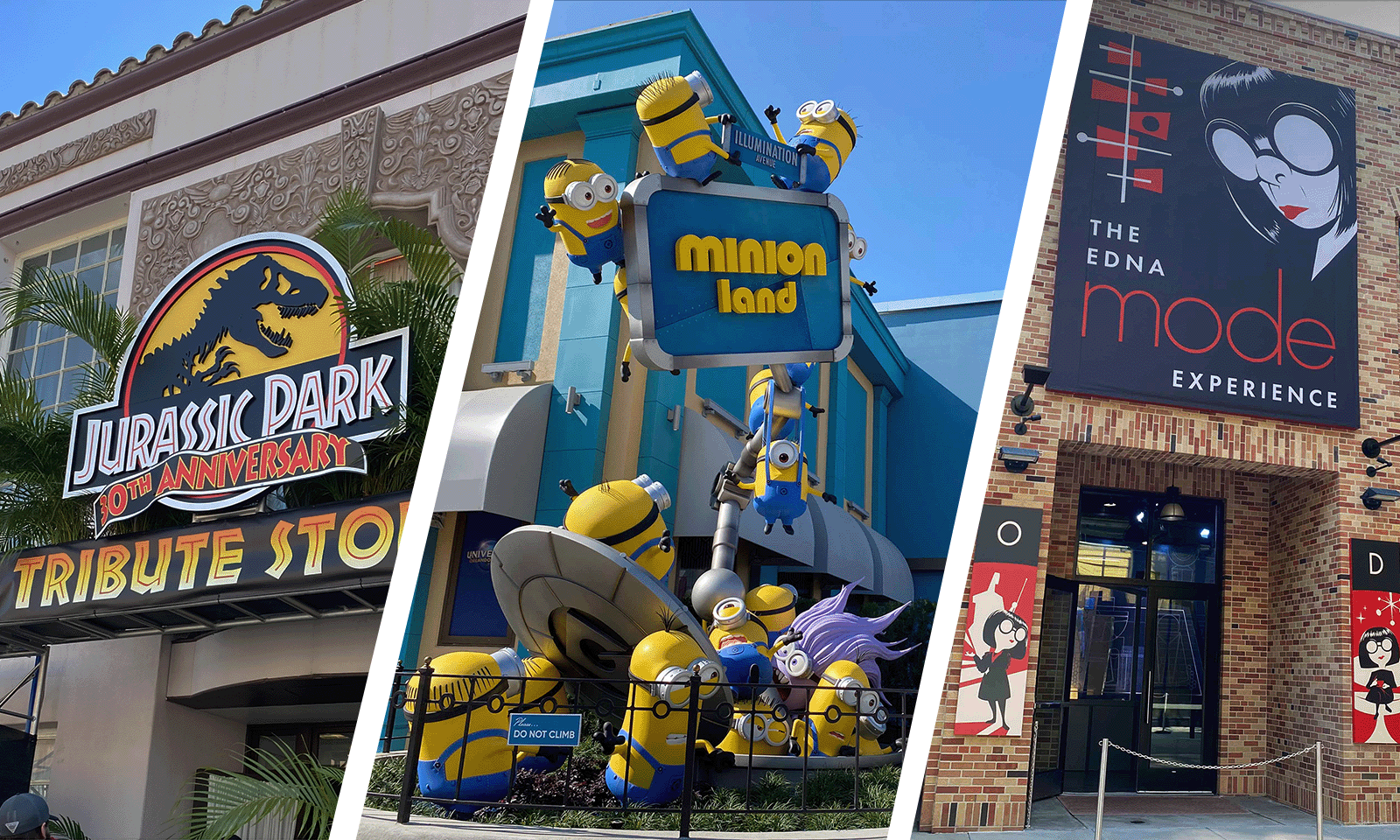 jurassic park store, minionland, and edna mode experience sign